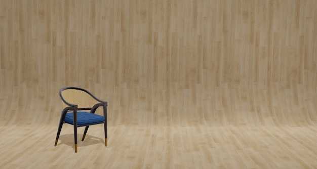 Drewniane krzesło w stylu vintage na parkiecie i ścianie słojów drewna