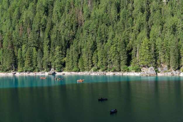 Drewniane łódki na jeziorze Braies Słynne miejsce turystyczne w Dolomitach Włochy Piękna przyroda Piękne miejsca Środek transportu Logo di BraiesPragser Wildersee