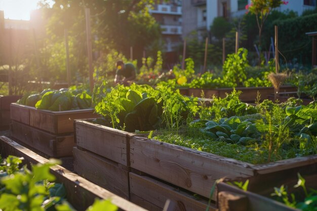 Drewniane łóżka w miejskim ogrodzie Ludzie zbierają świeże warzywa zioła przyprawy w mieście miejski ogród społeczny w pobliżu domu Zrównoważony styl życia