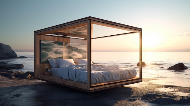 Drewniane łóżko w kształcie sześcianu z widokiem na ocean.