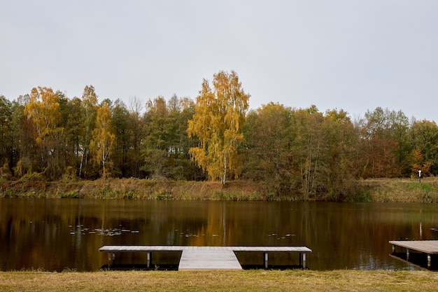 Drewniane molo do cumowania łodzi na brzegu rzeki w pobliżu jesiennego lasu.