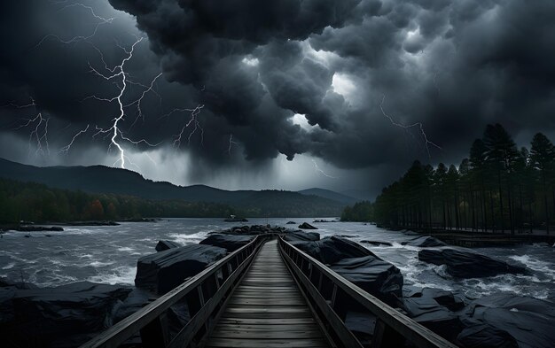 Zdjęcie drewniane molo i ciemne chmury
