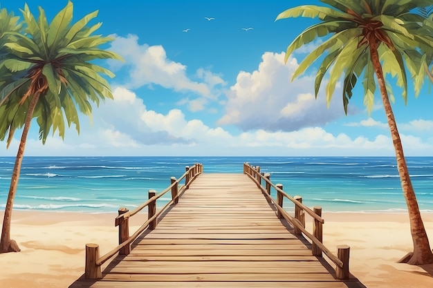 Drewniane molo lub most z tropikalną plażą