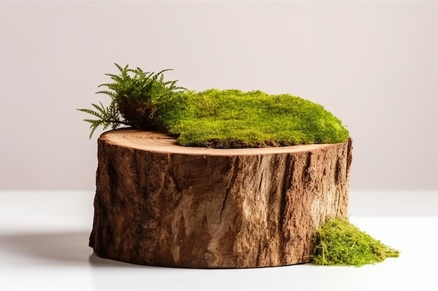 Drewniane okrągłe podium SawCut z zielonym mchem w naturalnym stylu