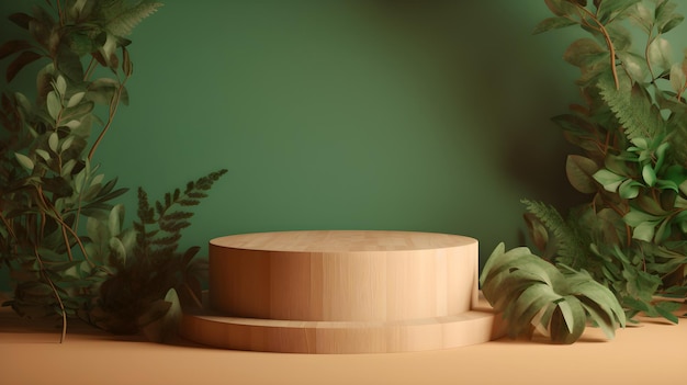drewniane okrągłe podium z zieloną rośliną na zielonym tle
