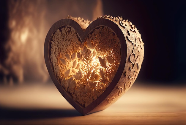 Drewniane ozdobne serca na stole Walentynki wyrzeźbione serca Generative AI