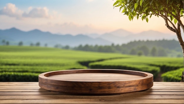 drewniane podium do prezentacji produktów na niewyraźnym tle pola herbaty