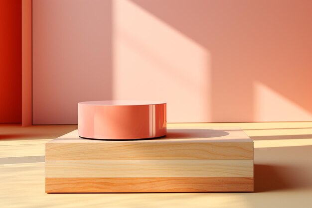 drewniane podium na powierzchni brzoskwini w animowanych kształtach w stylu minimalistycznego scenografii