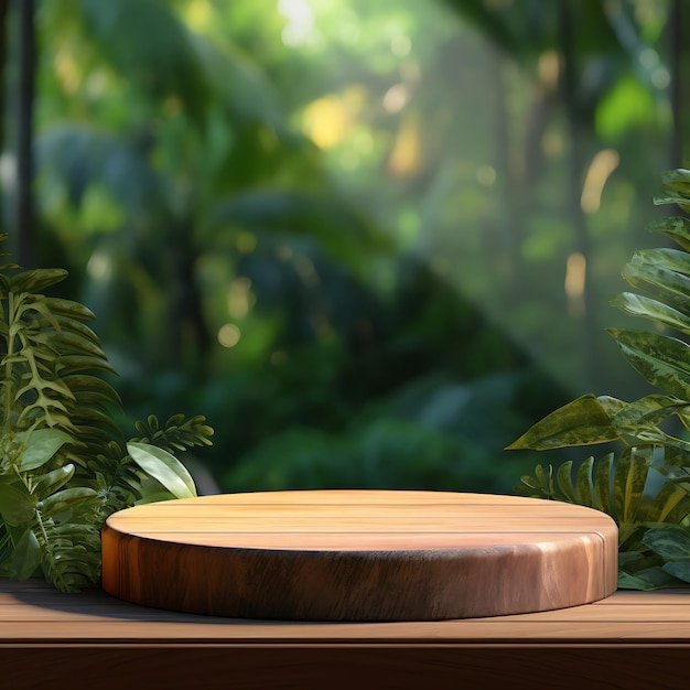 Drewniane podium na tle lasu tropikalnego do prezentacji produktów