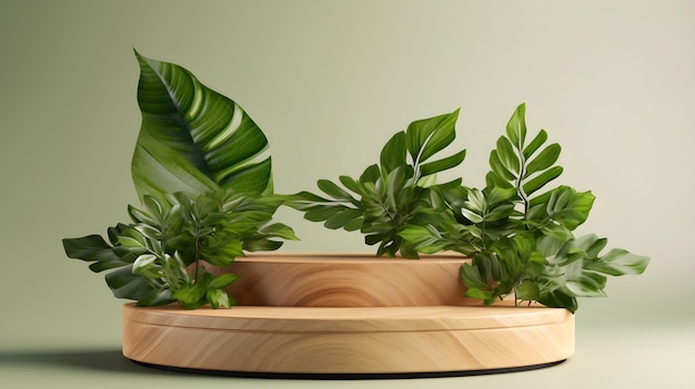 Drewniane podium w kształcie koła do ekspozycji produktów na tle liści natury