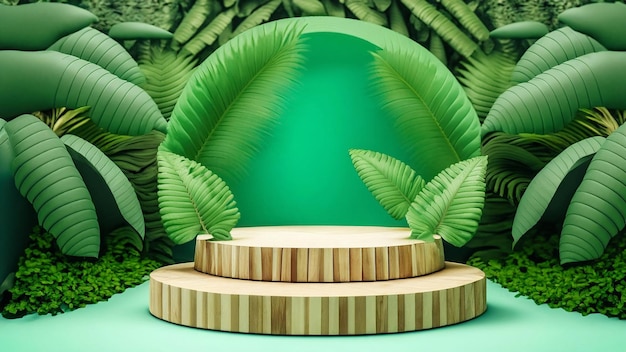 Drewniane podium w lesie tropikalnym do prezentacji produktu i zielonego tła