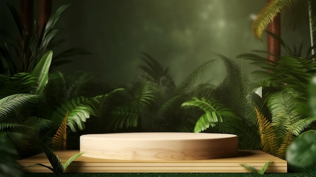 Drewniane podium w tropikalnym lesie do prezentacji produktu i beżowego tła