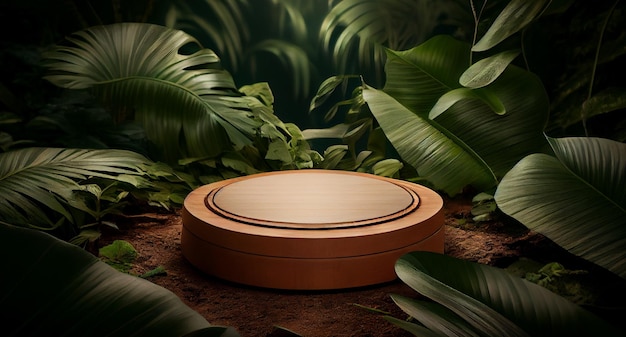 drewniane podium z okręgu fotograficznego w lesie tropikalnym do prezentacji produktu i kremowego koloru tła
