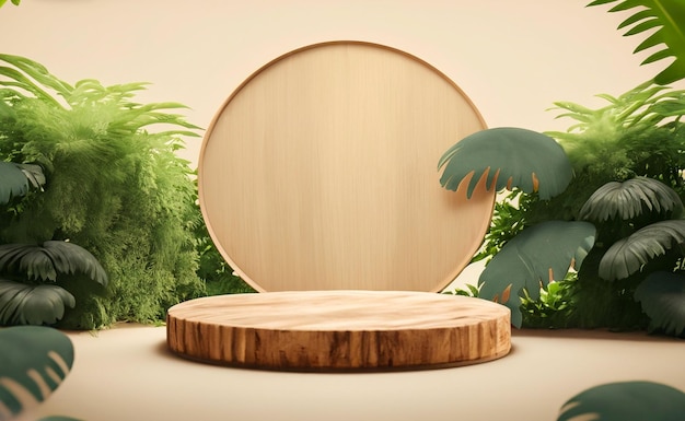 Drewniane podium z tropikalnymi liśćmi i roślinami renderowania 3D