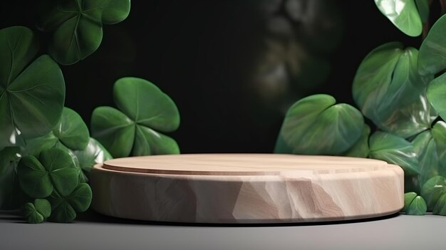 Drewniane podium z zielonymi liśćmi i kamieniami naturalnymi Tło dla produktów kosmetycznych o naturalnym kolorze Generative Ai