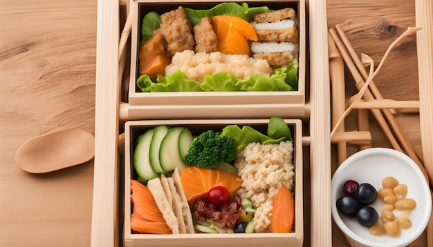 drewniane pudełko z jedzeniem, w tym pudełka z pudełkiem sushi