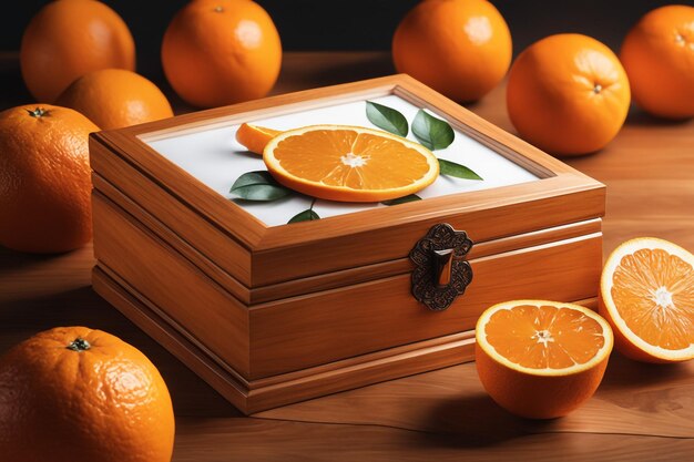 Zdjęcie drewniane pudełko z pomarańczowymi owocami w pudełku