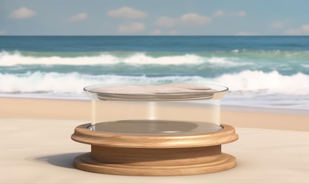 Drewniane pudełko z przezroczystą pokrywką stoi na stole z plażą w tle.