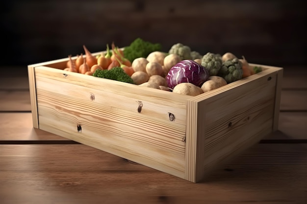 Drewniane pudełko z różnymi warzywami.