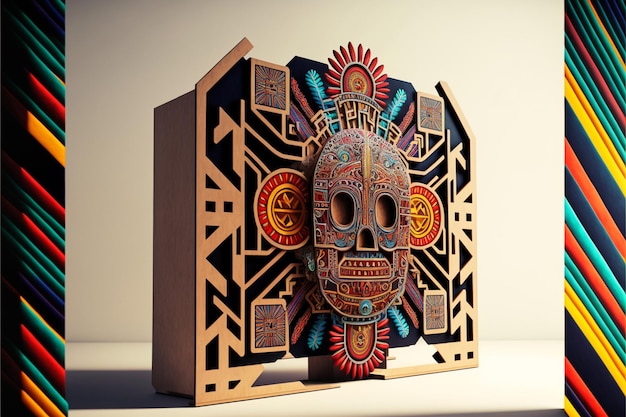 Drewniane pudełko z twarzą czaszki i meksykańskim wzorem.