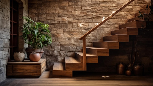 Zdjęcie drewniane schody i kamienna ściana okładzinowa w rustykalnym korytarzu przytulny wystrój wnętrz domu generacyjna ai