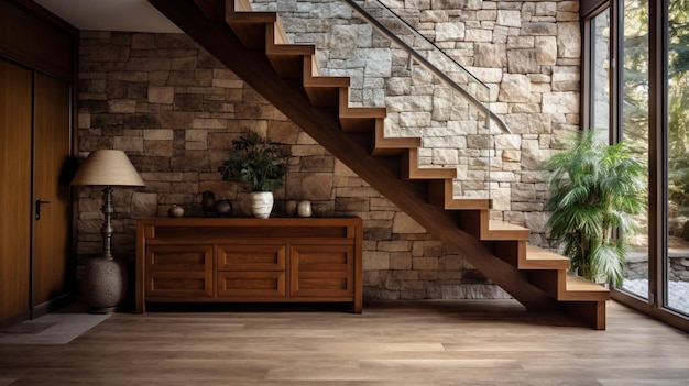 Drewniane schody i kamienna ściana okładzinowa w rustykalnym korytarzu Przytulny wystrój wnętrz domu