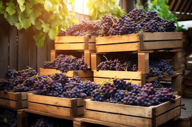 Drewniane skrzynie pełne winogron