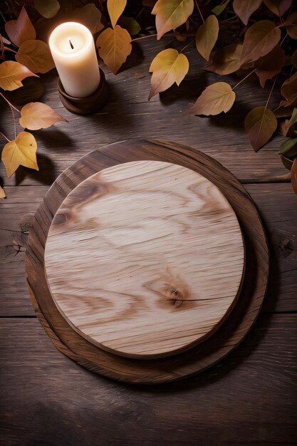 Zdjęcie drewniane tło świece i jesienne liście szablon makieta transparent tło