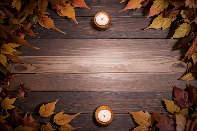 Drewniane tło świece i jesienne liście szablon makieta transparent tło