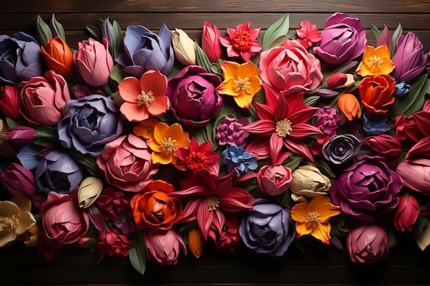 Drewniane tło zdobi ramka z pięknie ułożonych tulipanów
