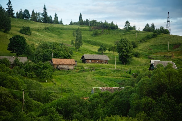 Drewniane tradycyjne domy na tle górskiego krajobrazu Karpat Ukraińskich