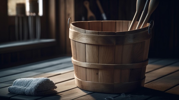 Drewniane wiadro do sauny z drewnianymi łyżkami, ręcznikiem i chochlą