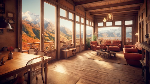 Drewniane wnętrze domu przytulne chaty wysoko w górach rustykalny salon AI generatywna ilustracja