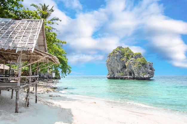 Drewniani domy budowali na plażowej i małej wyspie w morzu przy koh Lankajiu, Chumphon, Tajlandia.