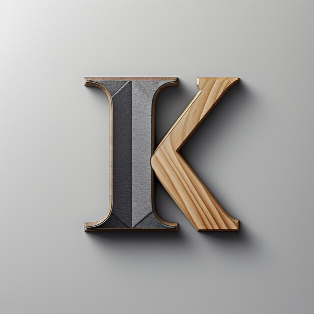 Zdjęcie drewniany alfabet k minimalistyczny projekt logo typograficzne na szarym tle