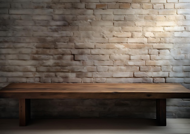 Zdjęcie drewniany betonowy stół na ceglanym tle w stylu kolorowego oświetlenia chiaroscuro