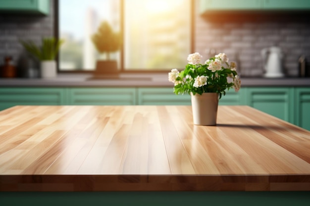 Drewniany blat na rozmytym tle pokoju kuchennego Generatywna AI