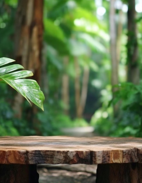 Drewniany blat na zewnątrz tropikalnego ogrodu leśnego z niewyraźnym tłem zielonej dżungli