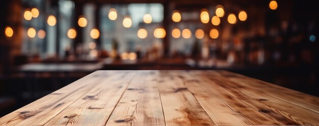 drewniany blat stołowy z niewyraźnym tłem oświetlenia w tle stołu i blat stołu jest wykonany z drewna i ma drewnianą powierzchnię z generatywnym ai