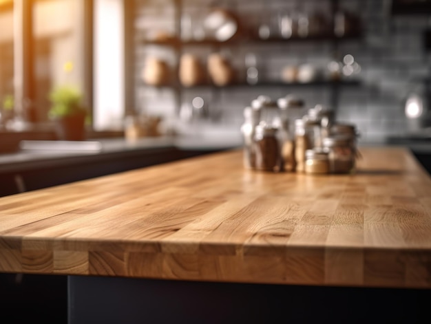 Drewniany blat z niewyraźnym tłem wnętrza kuchni Makieta demonstracyjna produktu Obraz generatywny AI