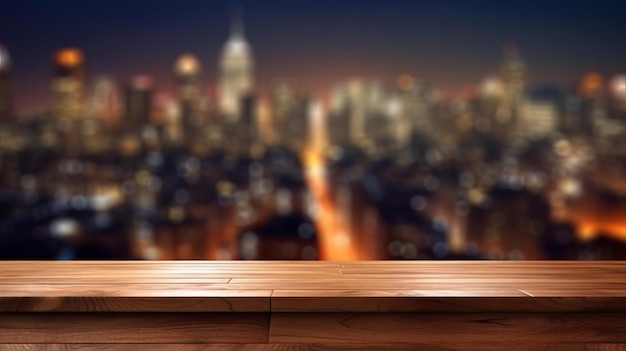 Drewniany blat z widokiem na panoramę miasta w tle Generative ai