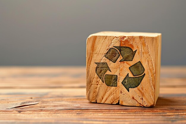 drewniany blok z beżowym symbolem recyklingu