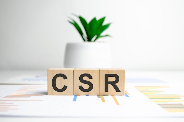 drewniany blok z tekstem CSR Corporate Social Responsibility koncepcja biznesowa