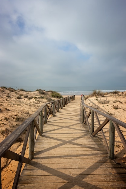 Zdjęcie drewniany chodnik między wydmami na plażę w chiclana