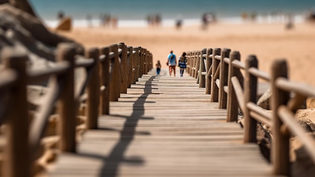 Drewniany chodnik prowadzący na plażę w słoneczny dzień