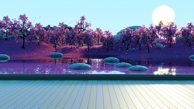 drewniany cokół z tłem krajobrazu jeziora i lasu renderowania 3d