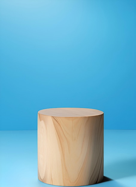 Drewniany cylinder Podium z jasnobrązową podstawą znajduje się na niebieskim tle