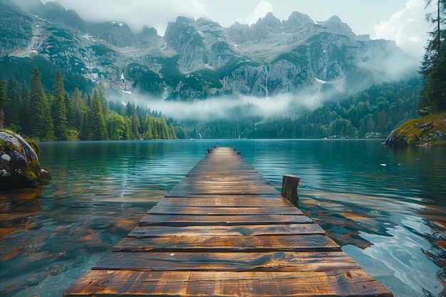 Zdjęcie drewniany dok prowadzi do jeziora z górami w tle
