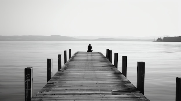 Drewniany dok wystający w spokojne jezioro samotna postać siedzi na końcu doku patrząc na wodę