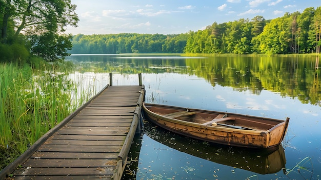 Drewniany dok wystaje w spokojne jezioro otoczony bujną zielenią i kilkoma drzewami stara łódź wiosłowa spoczywa w wodzie